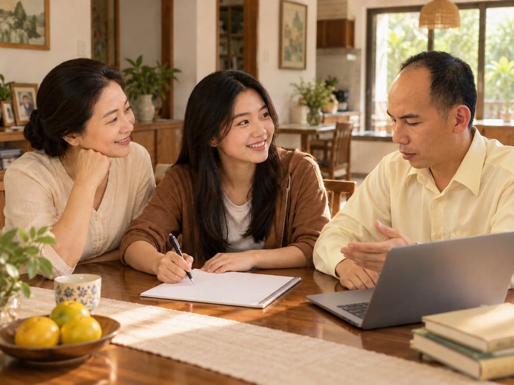 Học sinh và phụ huynh trao đổi cùng tư vấn viên